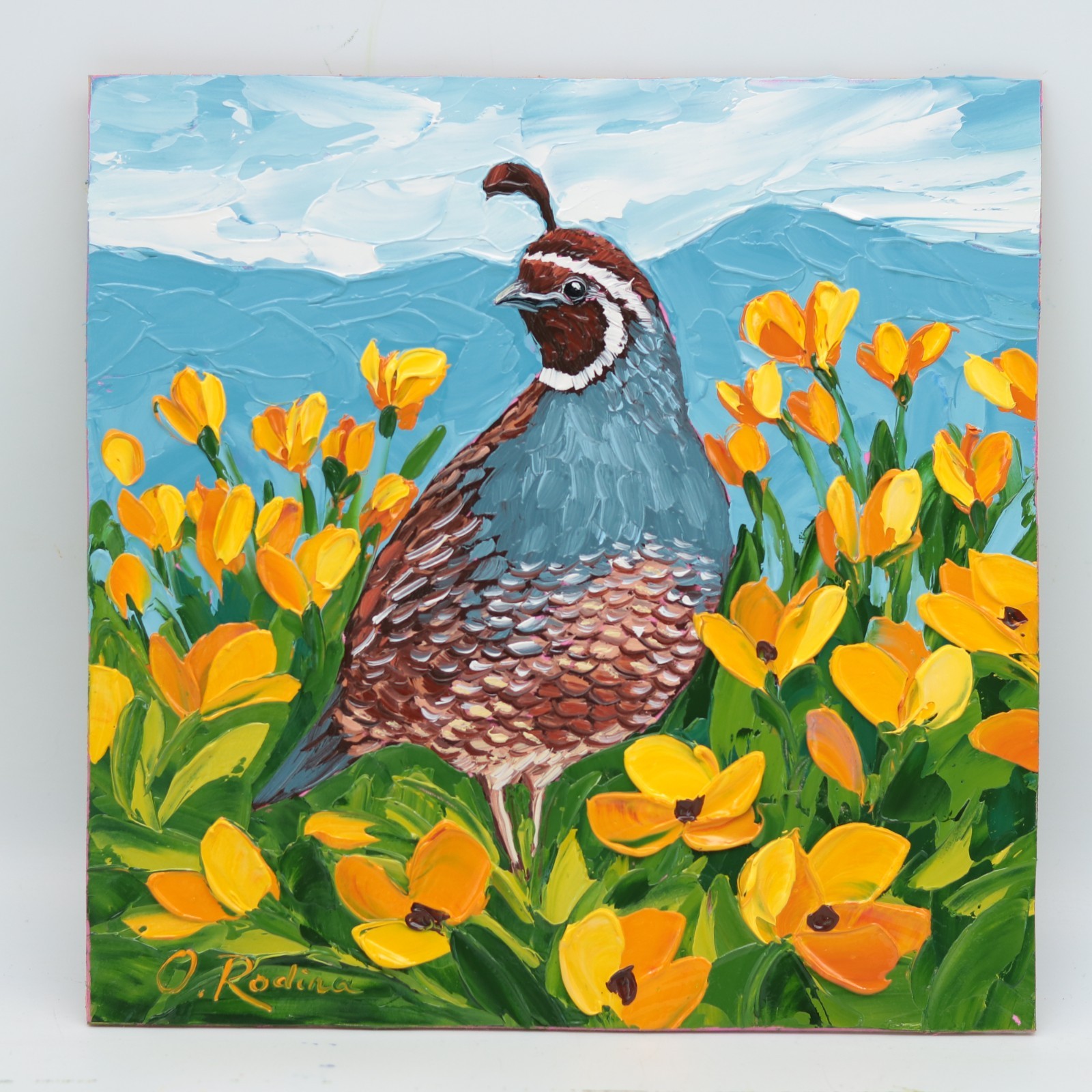 Quail Oil Painting California Poppy Flower Art Original Impasto Bird textured