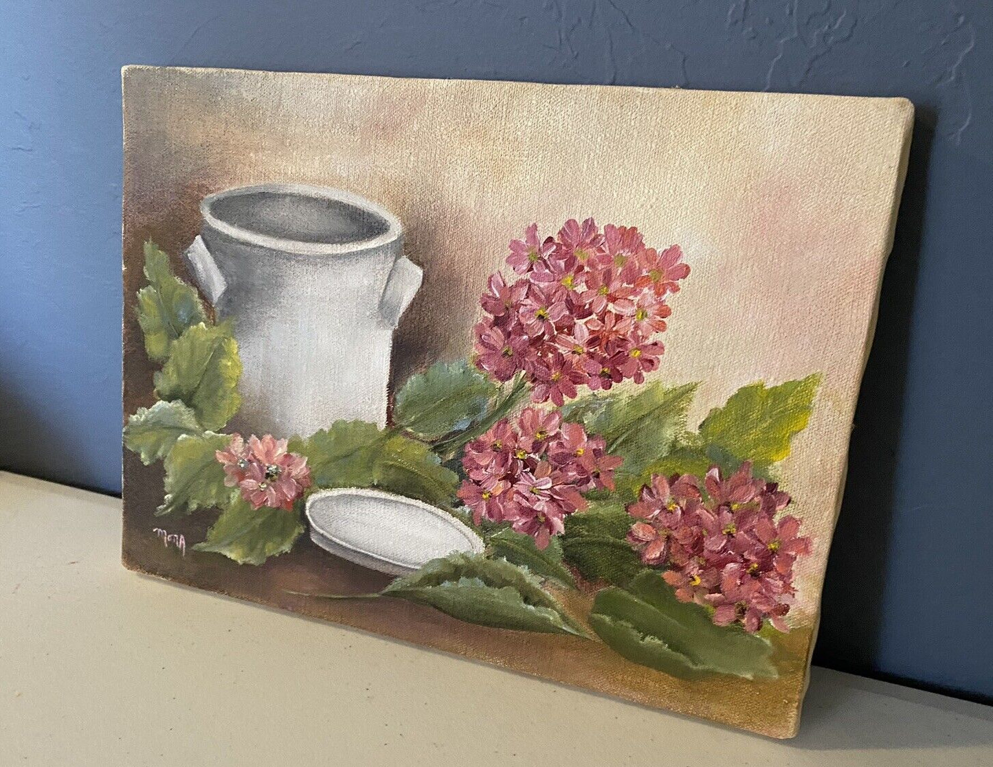 Original Art Painting Canvas Milk Can Pink Hydrangea Floral Flowers Cottagecore