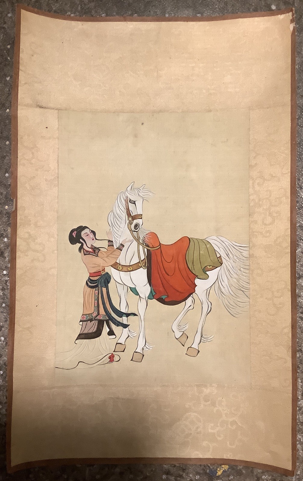 Asian Woman & Horse Water Color Painting on Silk Art~Vintage 10.25”x 16.25”
