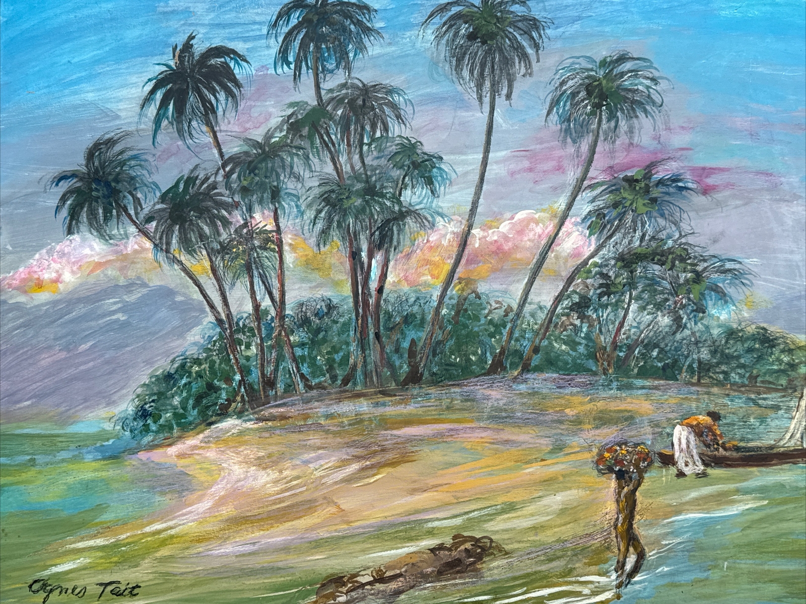 AGNES TAIT ORIGINAL PAINTING TROPICAL ISLAND BEACH SCENE COASTAL LANDSCAPE RARE