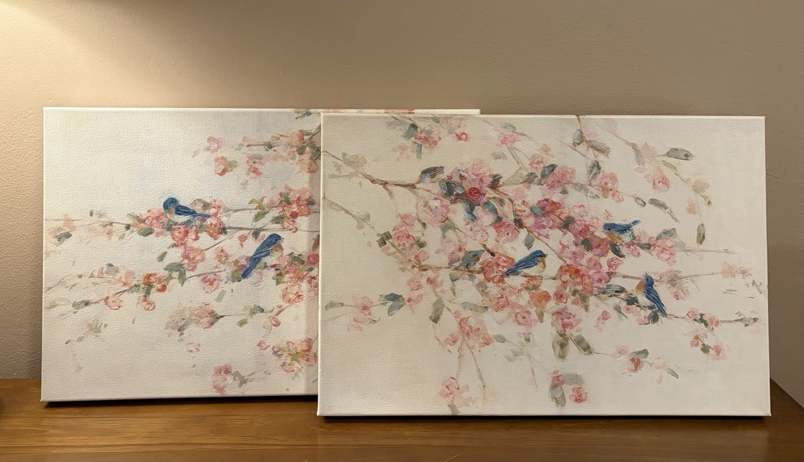 Set of 2 Canvas Art Blue Birds On Cherry Blossom Branches 18” X 12” NEW