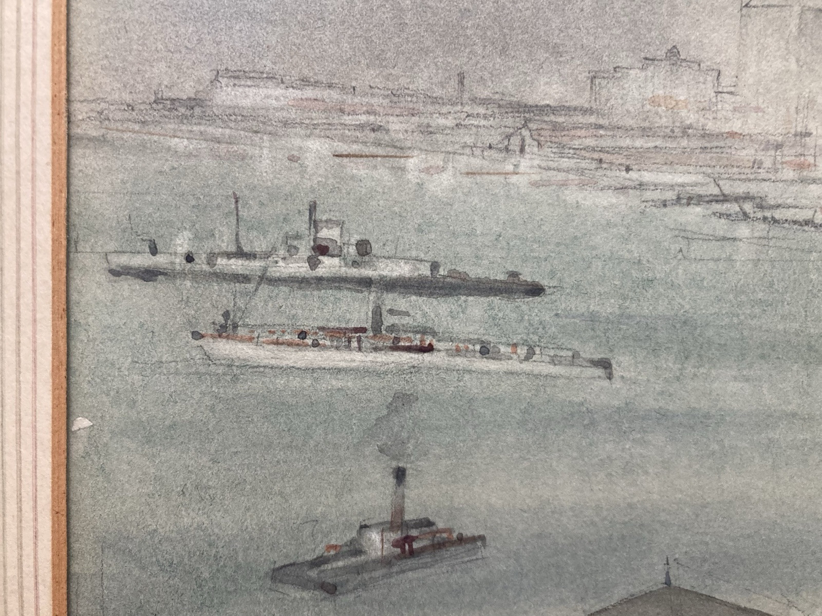 New York Harbor Painting WILLIAM BOWER DALTON 1944 Watercolor Skyline WWII Ships