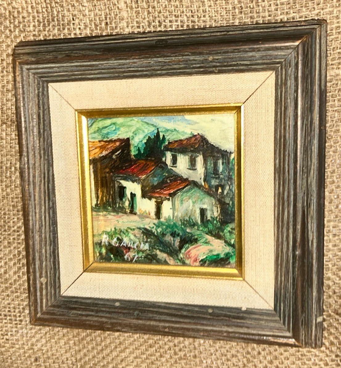 VTG MCM ‘67 Architectural Village 4”Sq Canvas 6 7/8”Sq Signed R Garcia Framed
