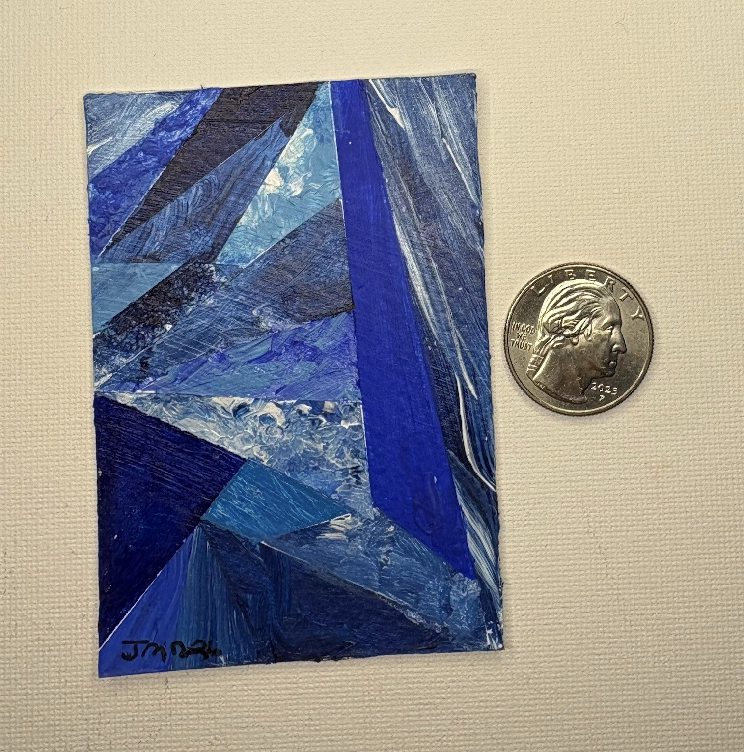 JM R signed, abstract, geometric, miniature painting original on paper