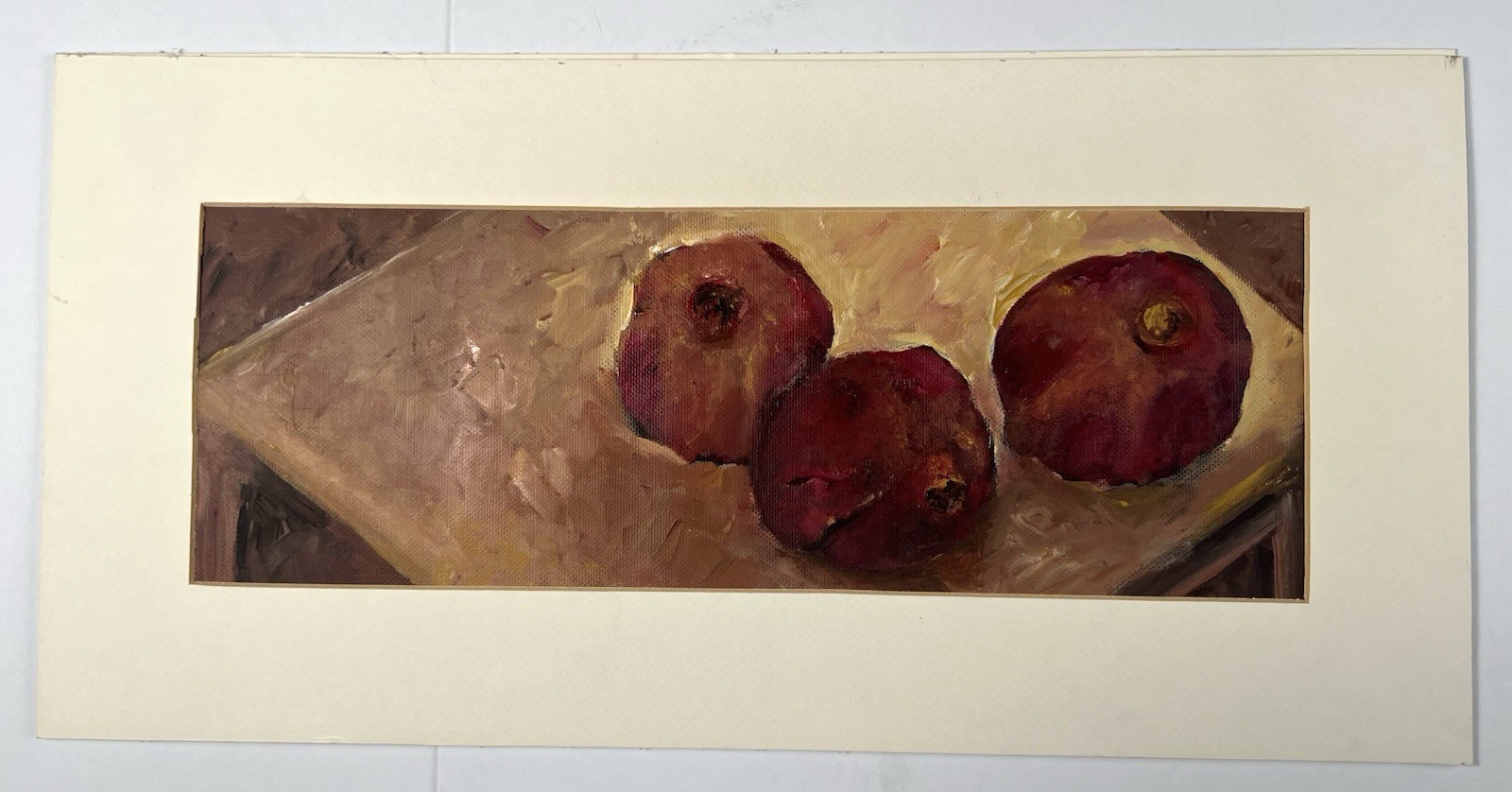 Still Life Oil Painting of Three Pomegranates on Table – Matted Study 10×19”