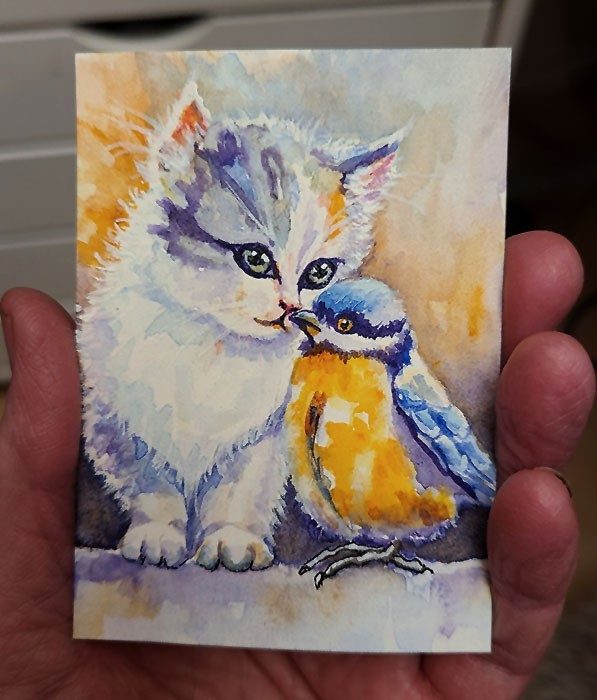 ACEO Original Painting OOAK – Kitten And Bird – Cat – Bartshe