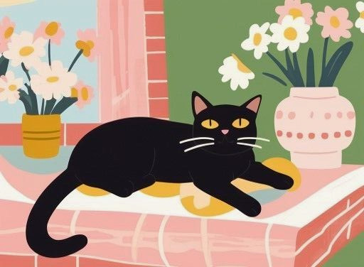 ACEO Mini **Art Print** Black Kitty Cat Kitten and Flowers by Saulite