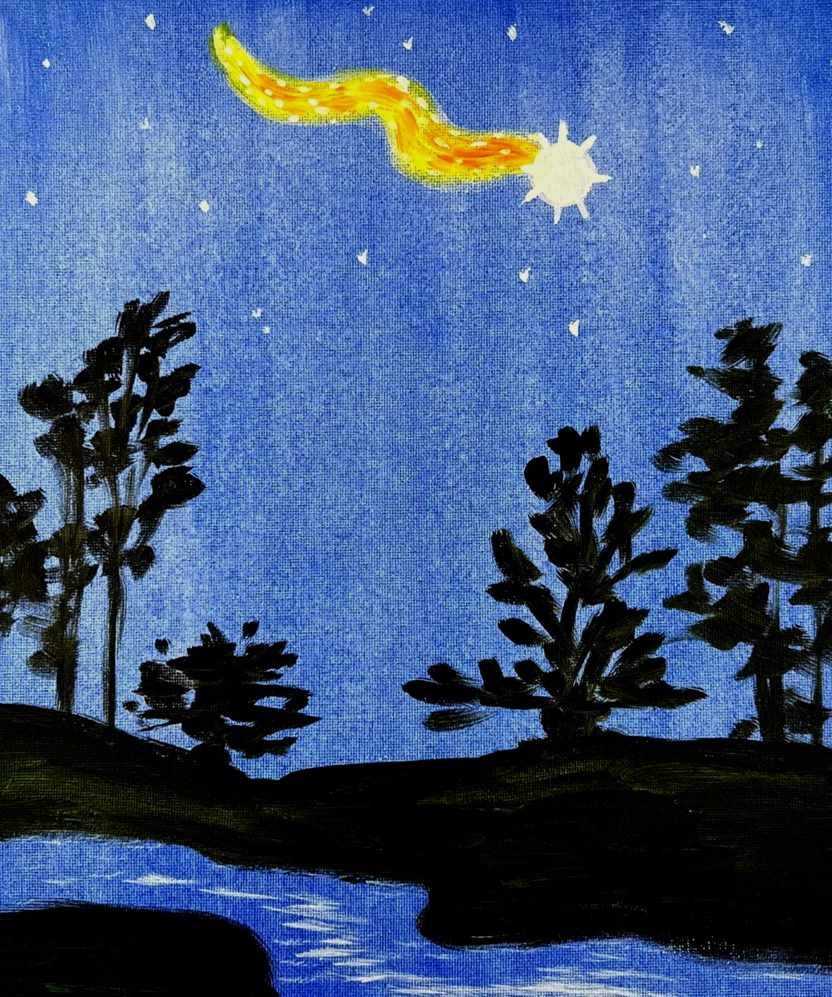 Comet Over Forest Original Acrylic Painting Landscape Art 11×14 Sienna Gold