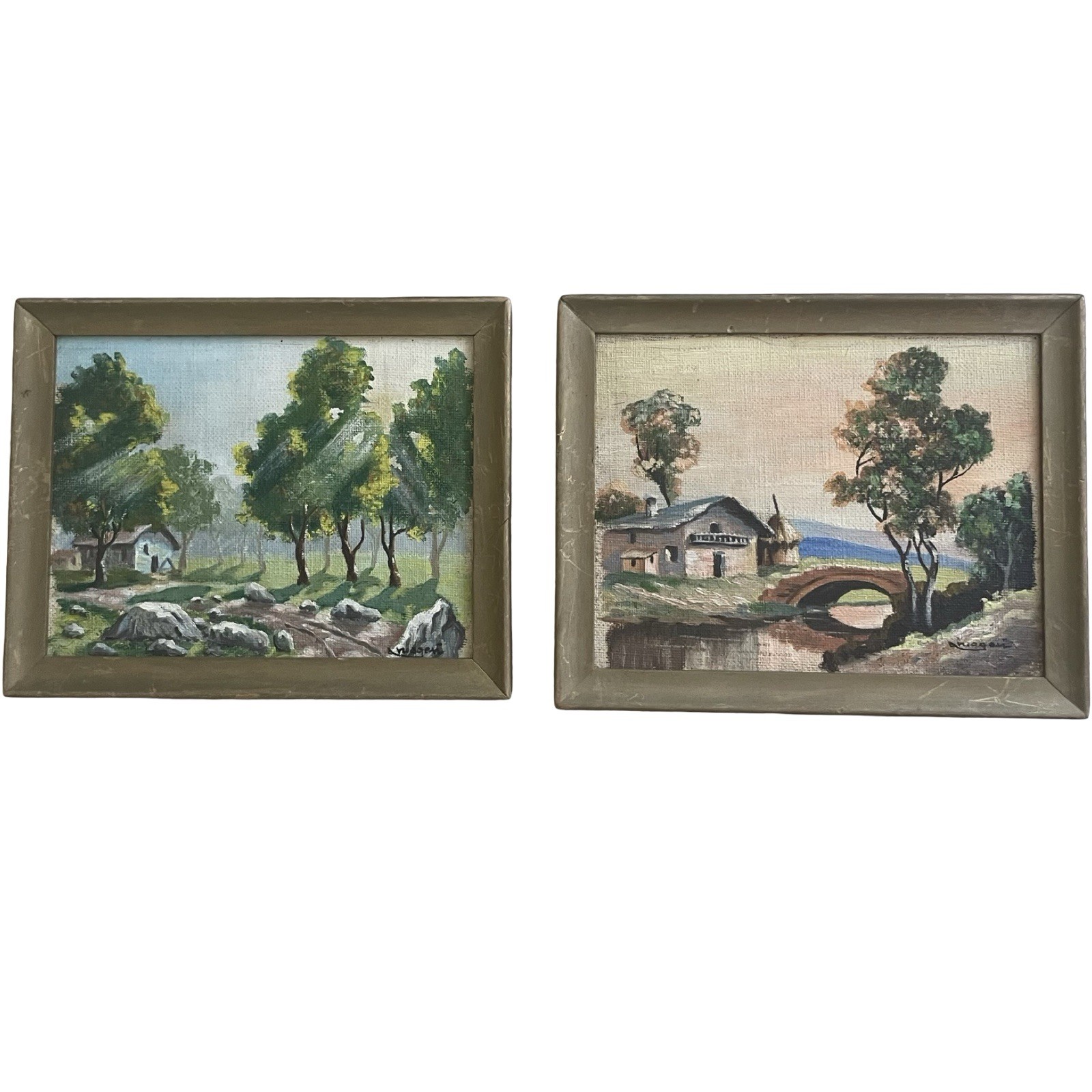 Pair Vtg original Small oil painting Landscape Rural wood framed Signed Set Of 2