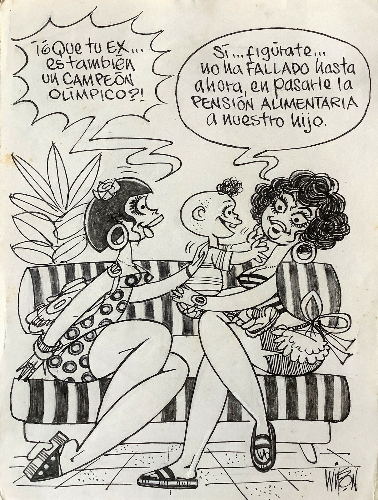 Criollitas de Wilson. Ink on cardboard. Original signed. Created in ca 1975.