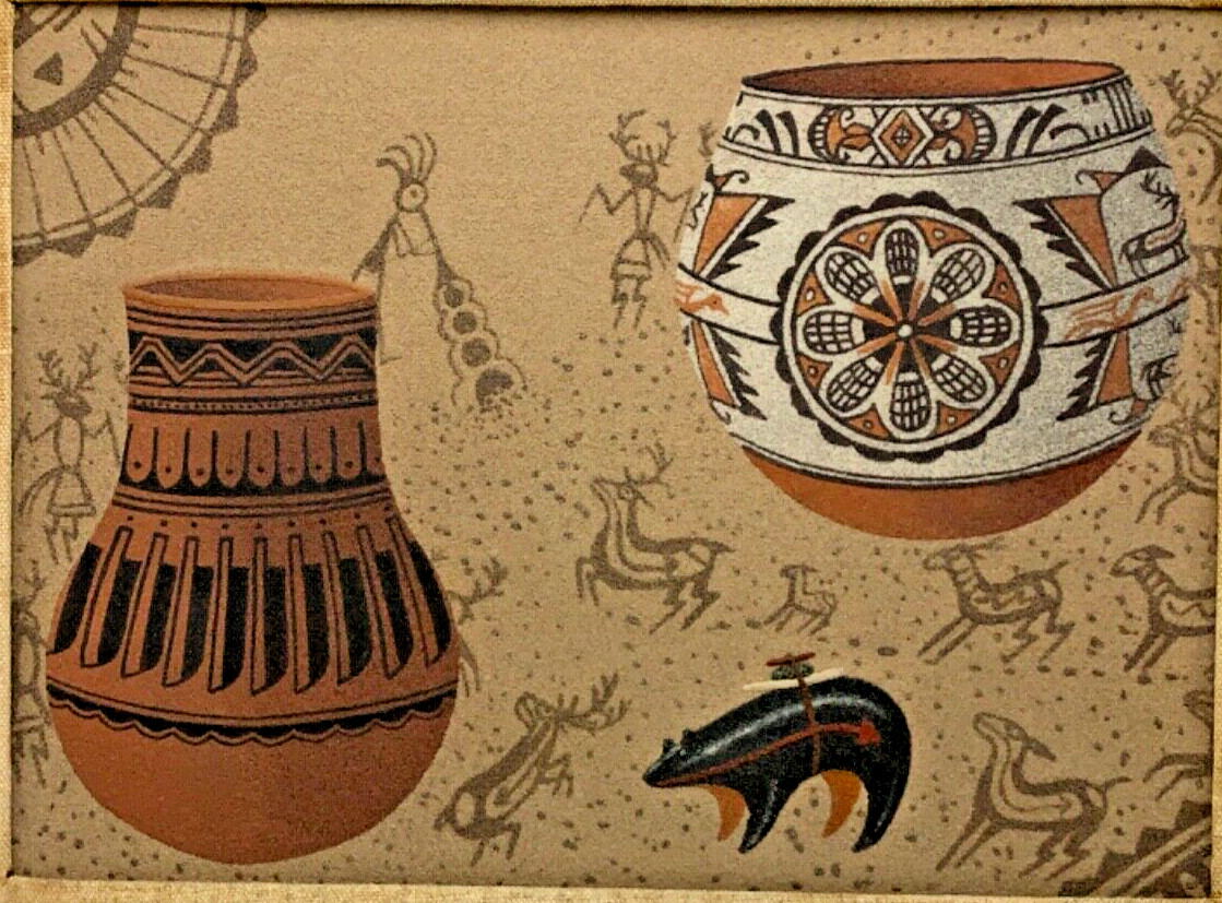 1976 EUGENE BAATSOSLANII JOE ORIGINAL NAVAJO SAND PAINTING “TWO POTTERY JUGS”
