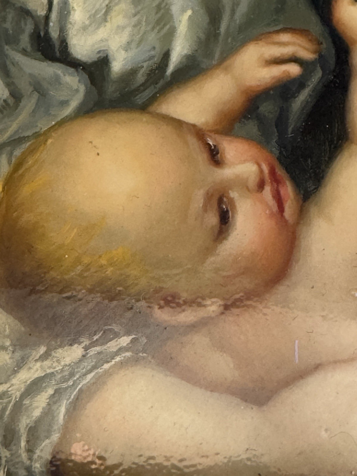 Oil Painting original Mother Infant Baby Children 19Th C Style Domed Wood Plaque