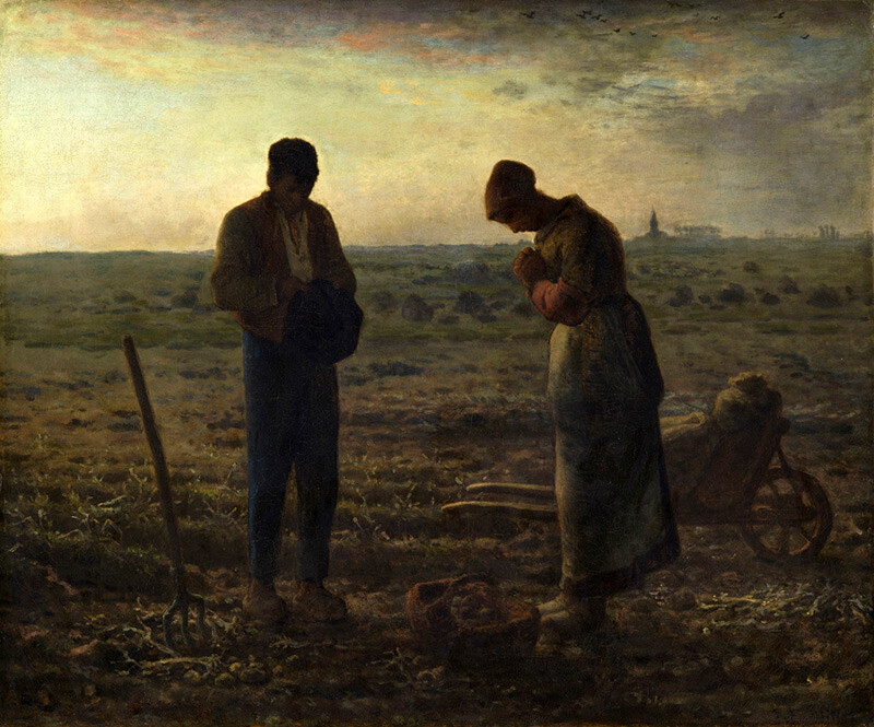 Oil painting Jean-Francois Millet – Young farmers couple prayer in landscape art