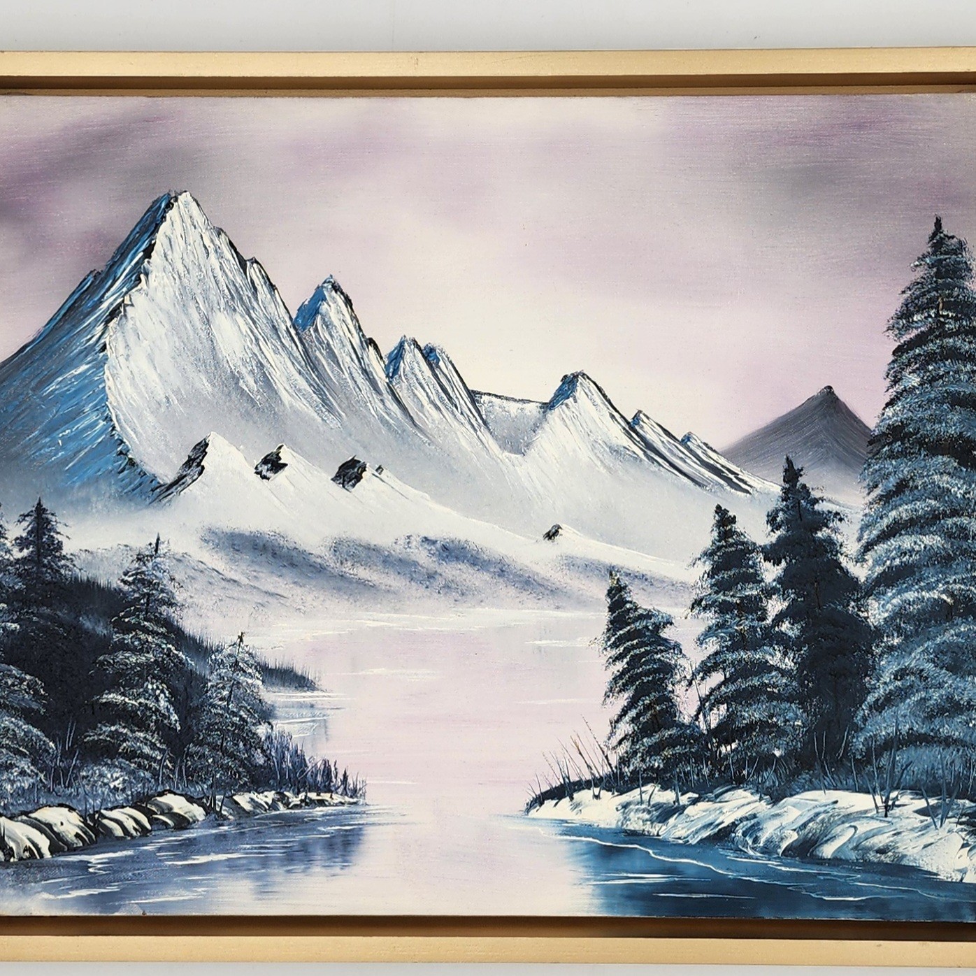 Original Bob Ross Style Winter Landscape Oil Painting Mountain Scene 16×20 Frame