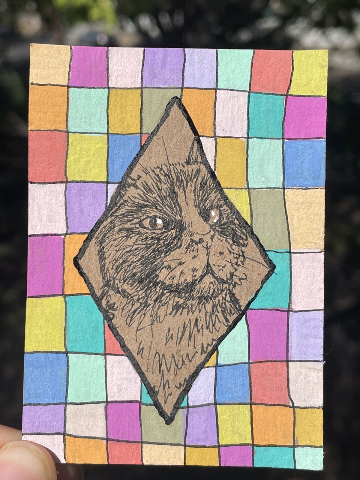 Colorful Cat Portrait Cameo Original ACEO Acrylic Painting Cute Kitty Pet Love