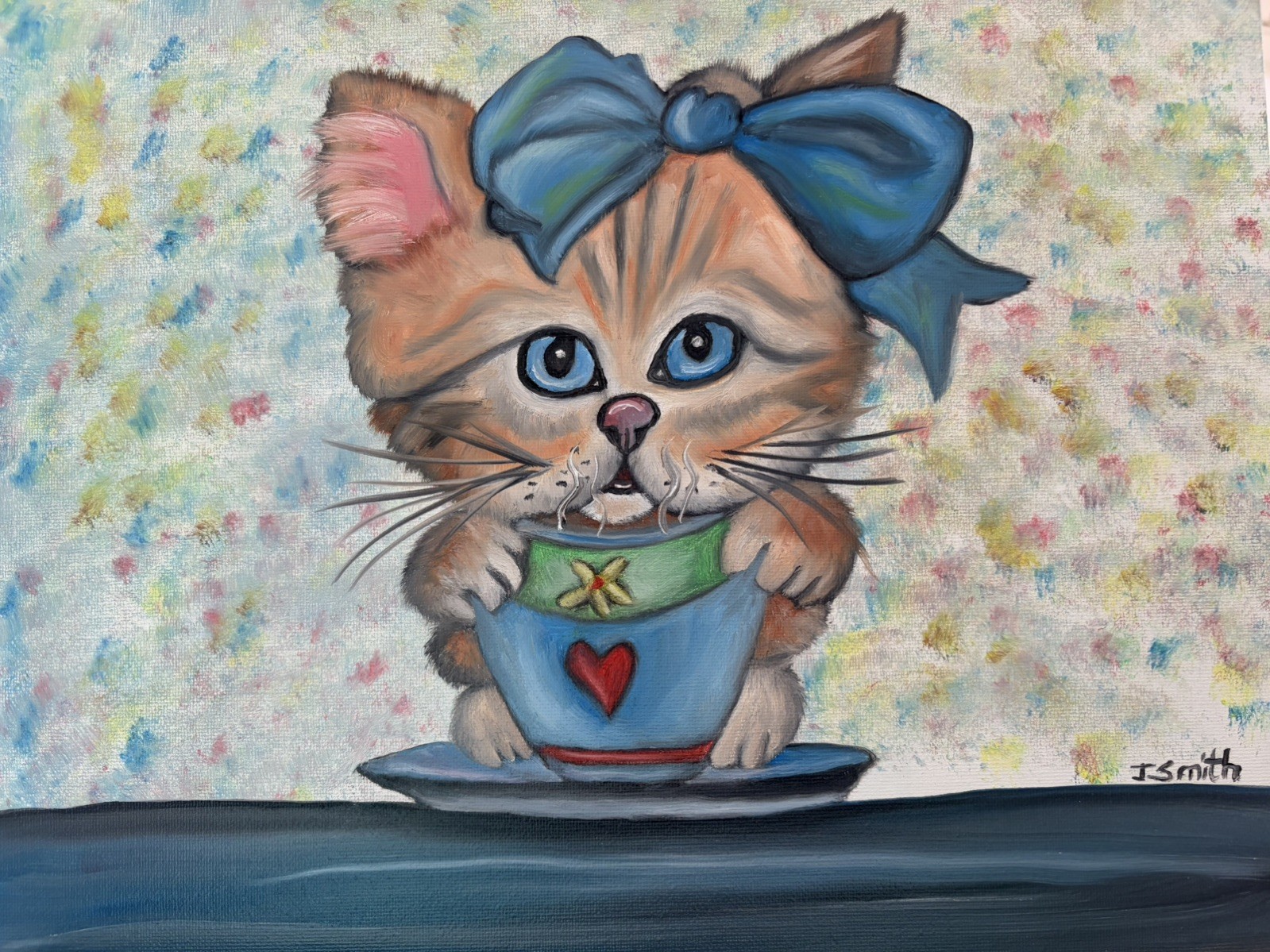 Original oil painting 11 x 14 inches cute and sweet cat kitten with coffee cup