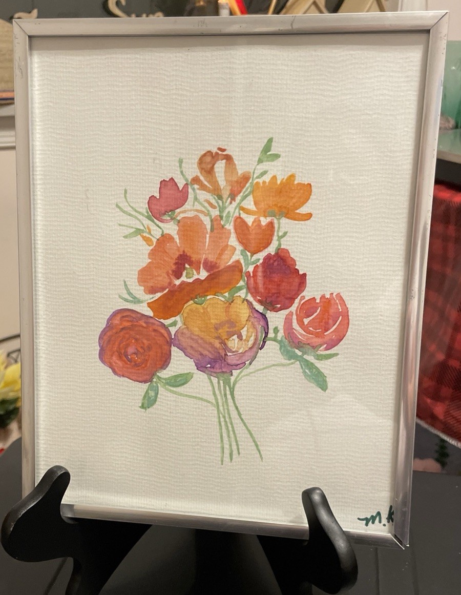 Watercolor Floral Bouquet painting on Paper, Signed- 8.5 X 10.25 Inches