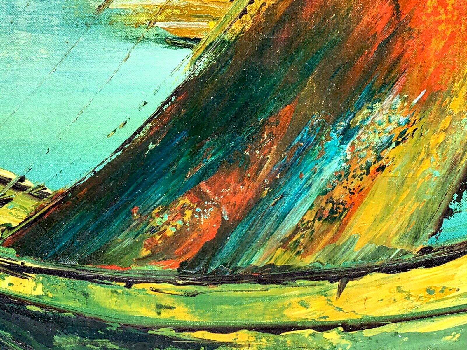 F LEE LARGE SEASCAPE OIL PAINTING SAND DOCKED FISHING BOAT PALETTE KNIFE IMPASTO