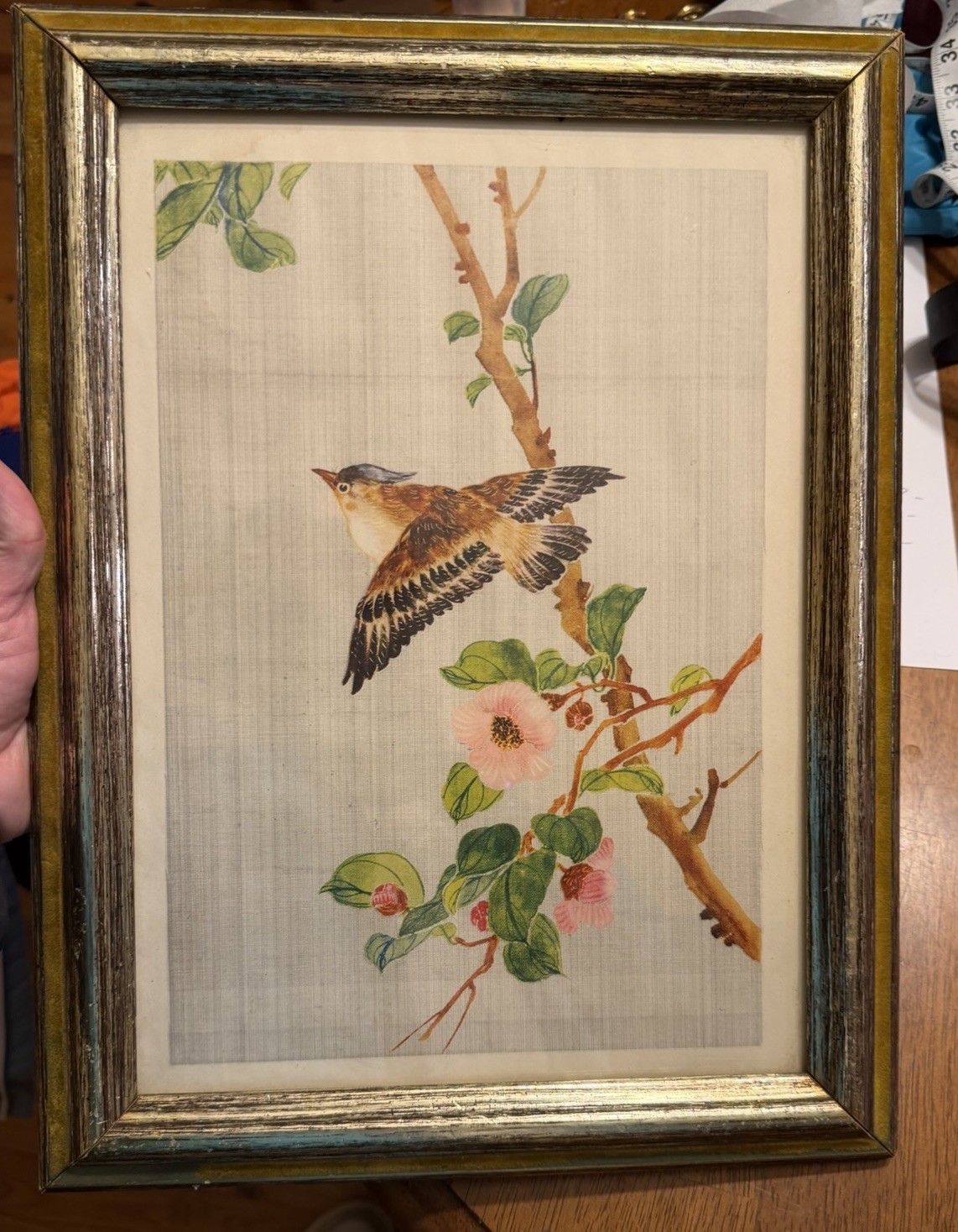 Paper Appliqued Vintage Artwork Faux Chinese Silk Painting Bird Flowers Chicago