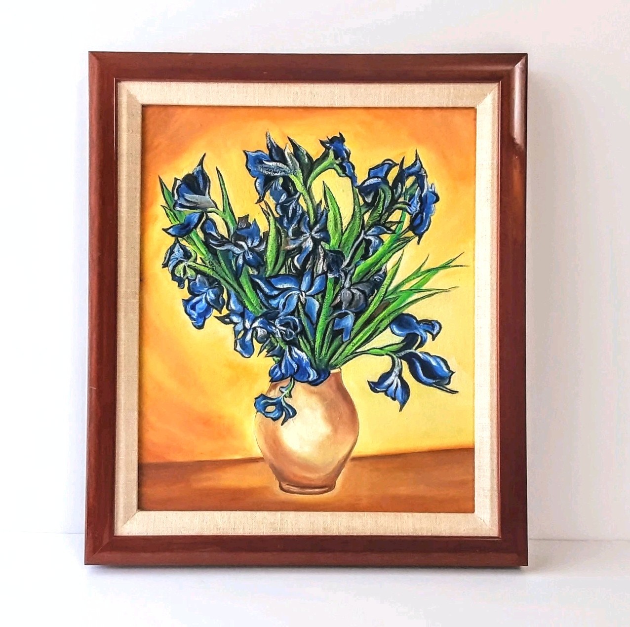 Original Amateur Oil on Canvas Irises Still Life Painting 14×12 Matted Framed