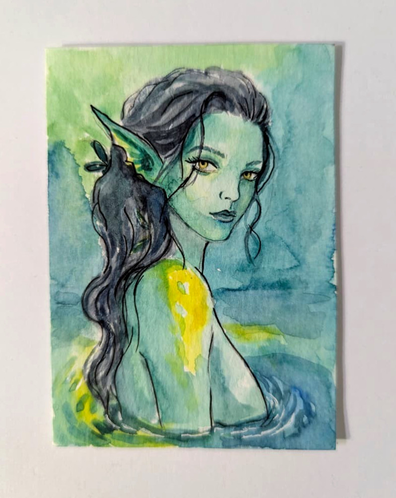 ACEO Original Watercolor Painting OOAK Green Nymph Water Mermaid Fantasy Art