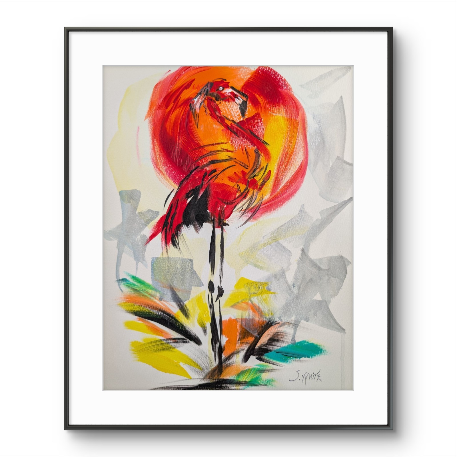 Flamingo Original Painting 11×14 Paper Art Animal Modern Expressionism SWhite