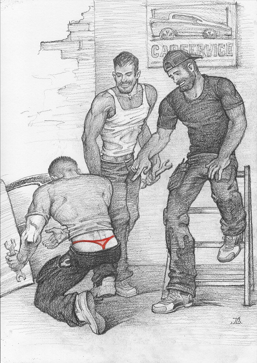 Gay Art original painting «Funny incident in a car service»  16,5 * 11,6 in.