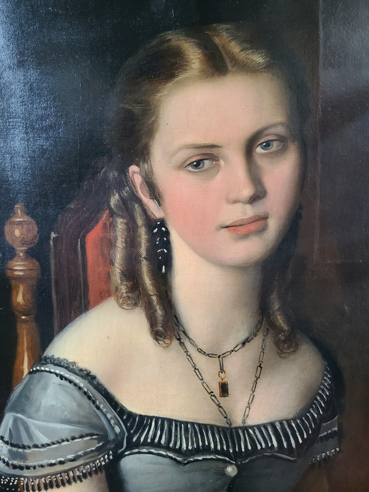 Antique 19th Century Oil Painting Portrait of a Victorian Gothic Young Lady