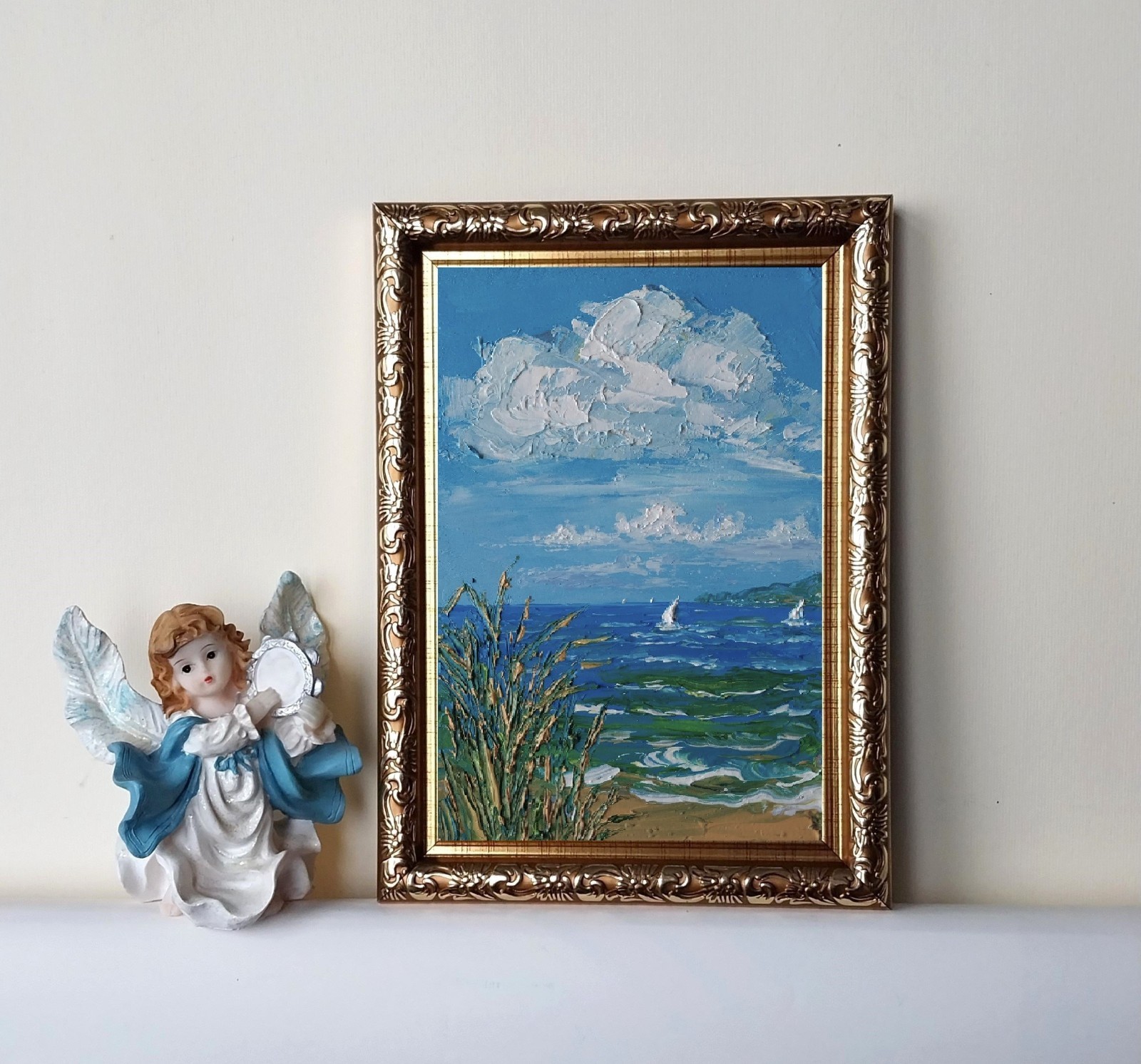 Framed Calm Seascape Sailboats Cloudy Sky Coast Reeds 4×6” Oil Painting Original