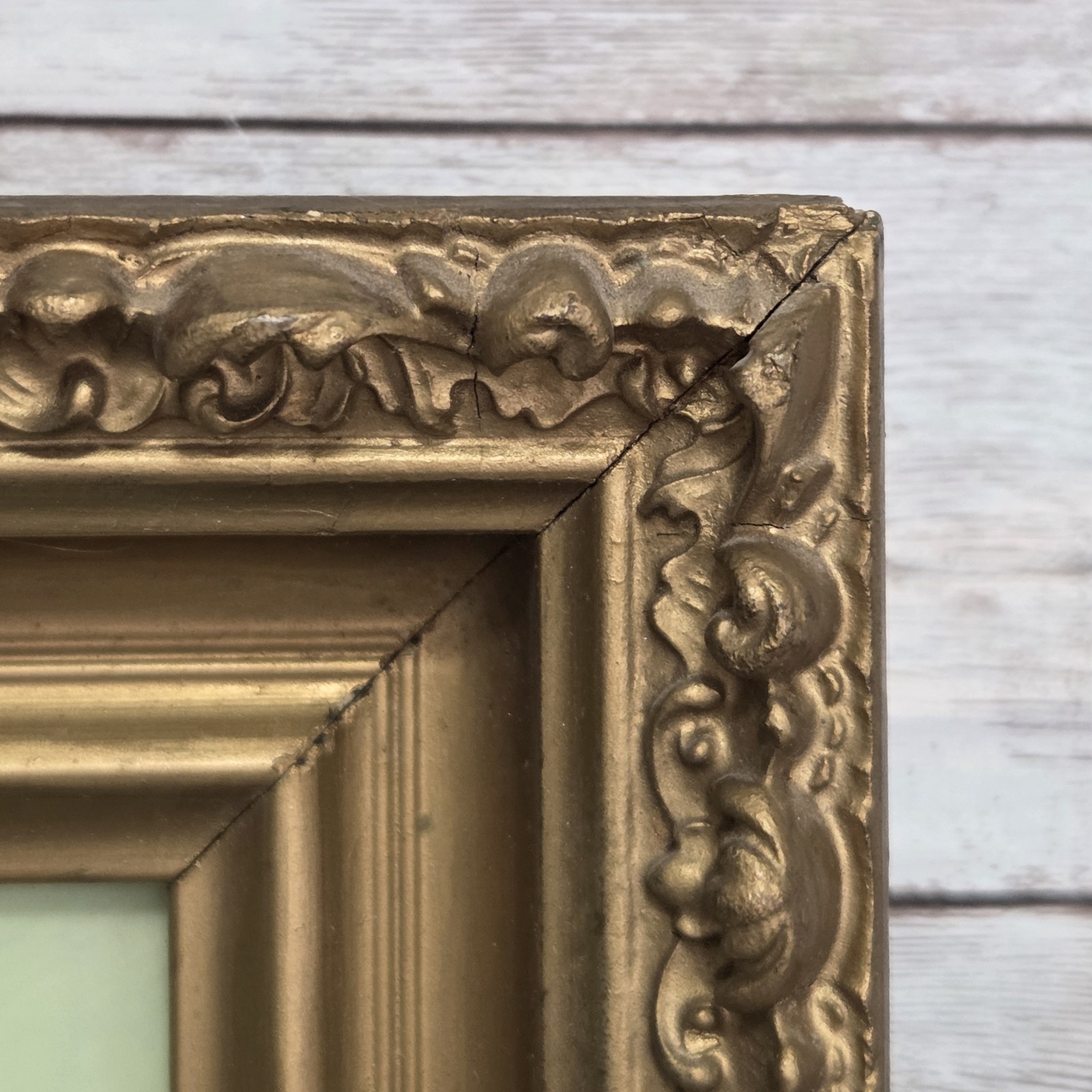 Vintage Tinsel Reverse Glass Painting Gold Gesso Wood Frame Floral Butterfly
