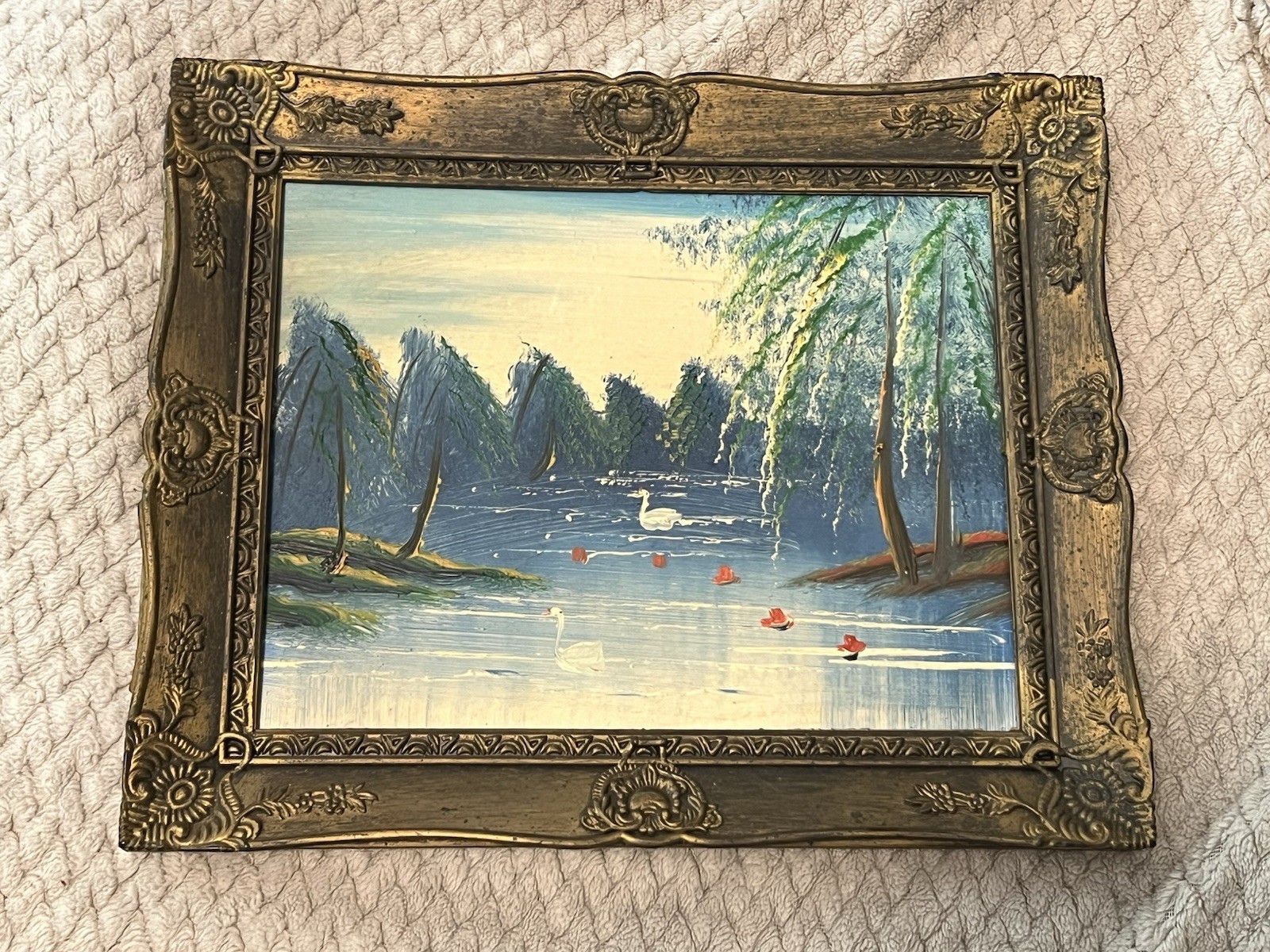 Small Framed Realism Landscape Oil Painting, Lake Swans Trees, Ornate Frame