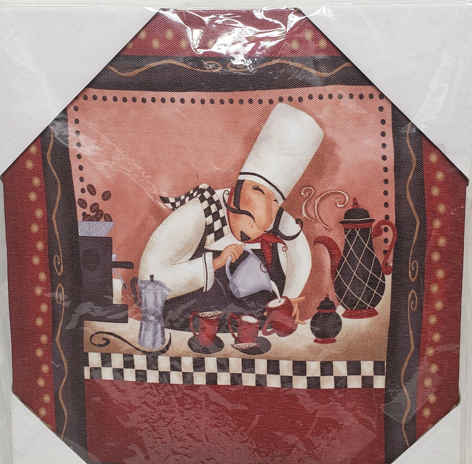 1 KITCHEN CANVAS WALL FRAME,approx. 10″x12″,FAT CHEF POURING MILK IN COFFEE CUPS