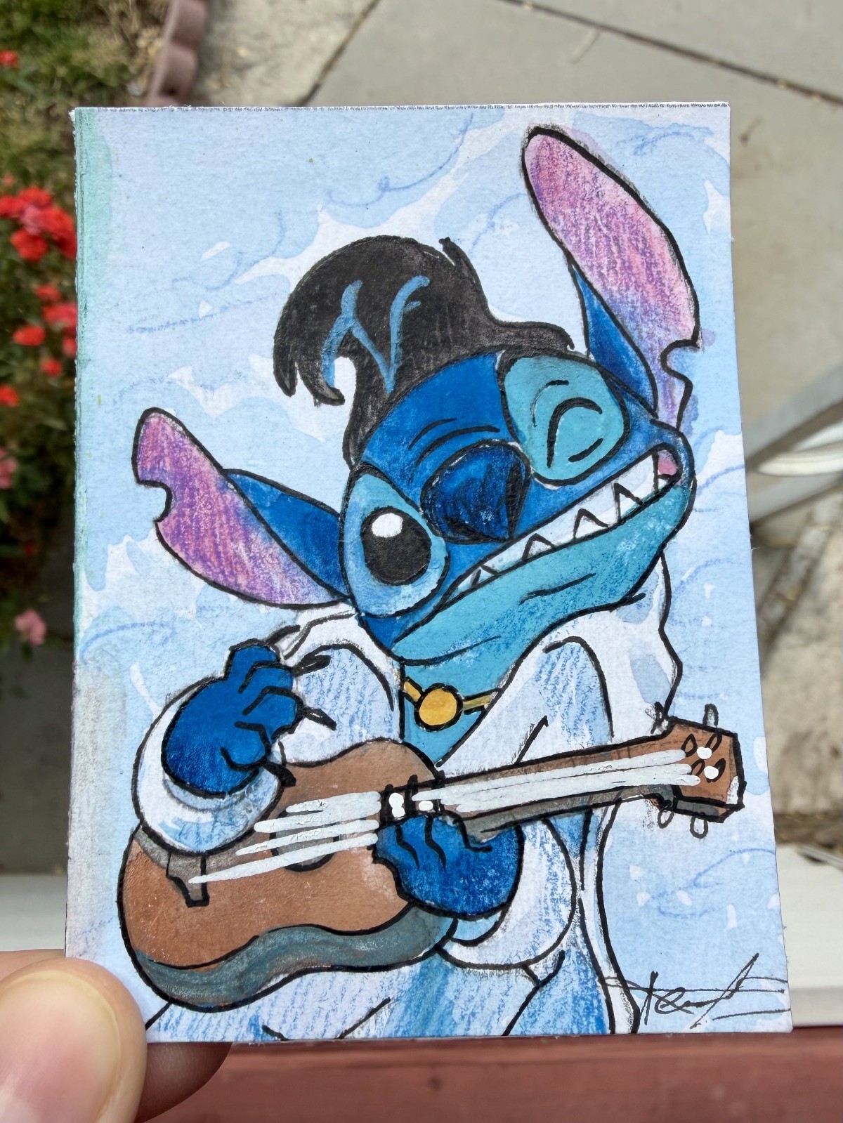 Original ACEO Elvis Stitch Painting by Alannah Dyer- Mini Art 2.5×3.5 in. Disney