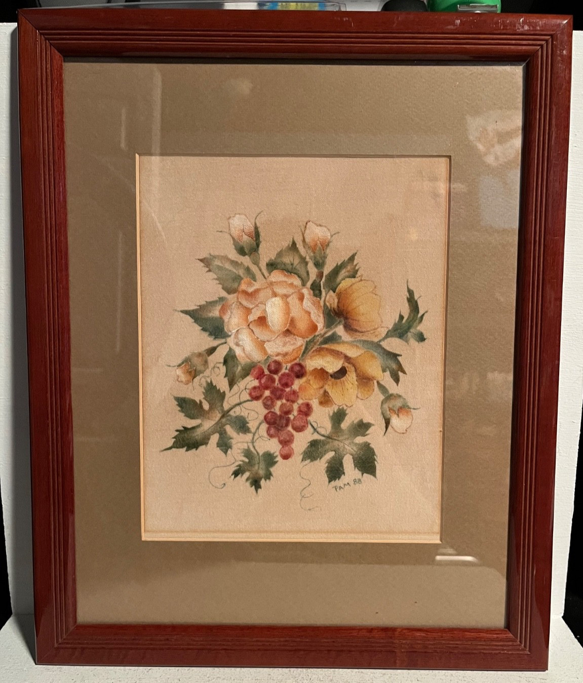 VTG 11×14″ Theorem Painting on Velvet Signed FAM Framed 1988 Flowers Grapes