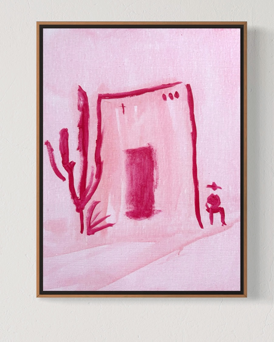 Original Pink Home Canvas Acrylic Colorful Western Cowboy Minimalist Wall Art