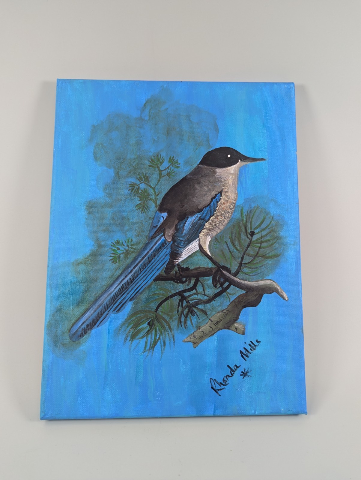 Azure Winged Magpie 9inx12inx0.5in Acrylic Painting
