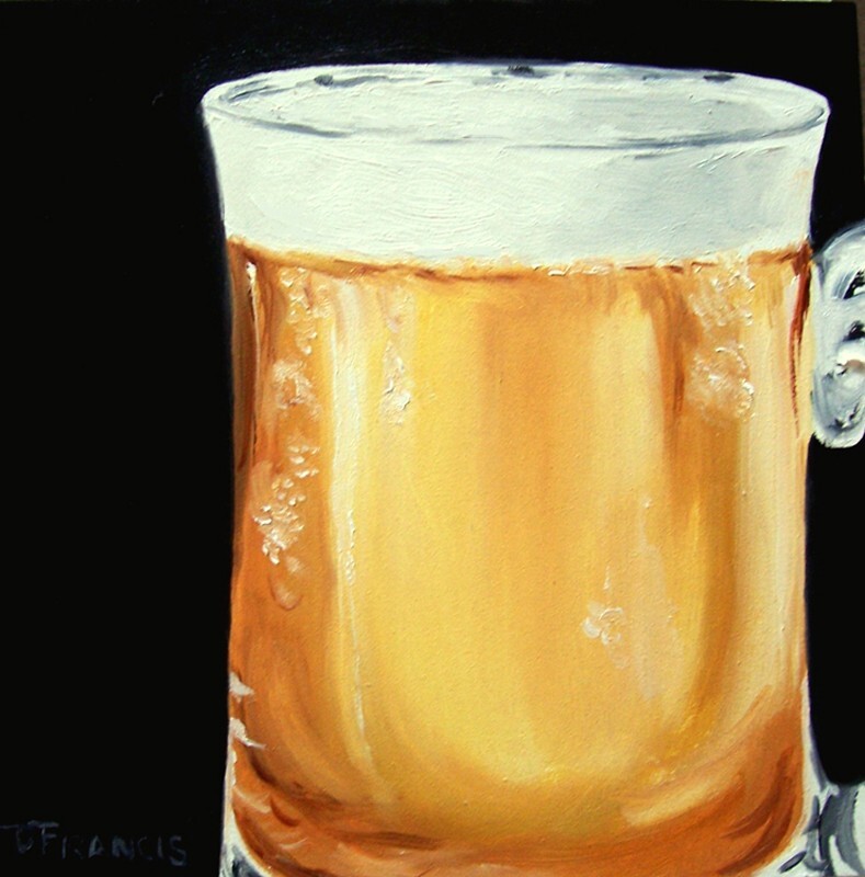 «BEER» Original Art Oil Painting 6″x6″x1/8″ Food, Beverage by Donna Francis