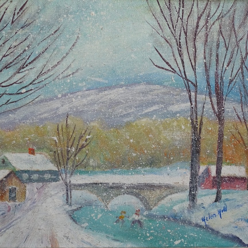 Vintage Naive Winter Landscape Oil Painting Snow Day with Ice Skaters 13.5×11.5