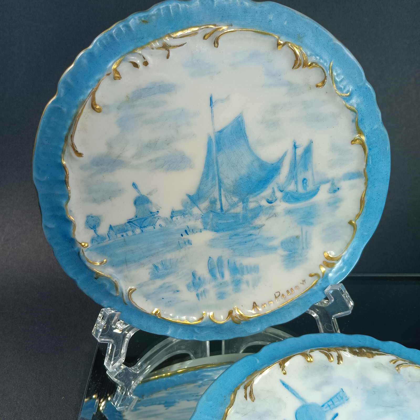 Landscape Painting Pair, Blue and White Art On Porcelain, Antique Plaque Set
