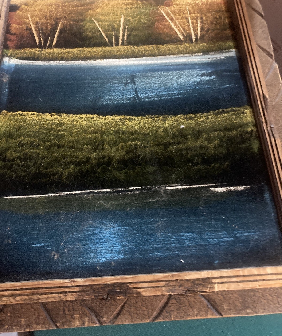 Vintage Mountain Lake River Landscape Scene On Velvet 22.5×13.5 Wood Frame ’70’s