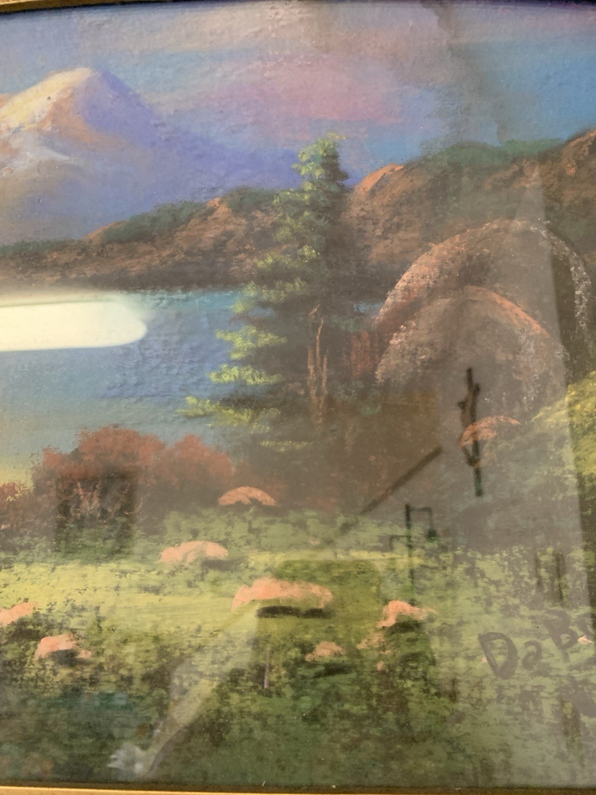 Antique Original Pastel Painting On Cardboard Landscape Mountain Lake Signed