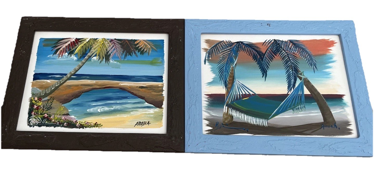 Set 2 Palm Trees Hammock Scene Original Acrylic Vintage Paintings Aruba Souvenir
