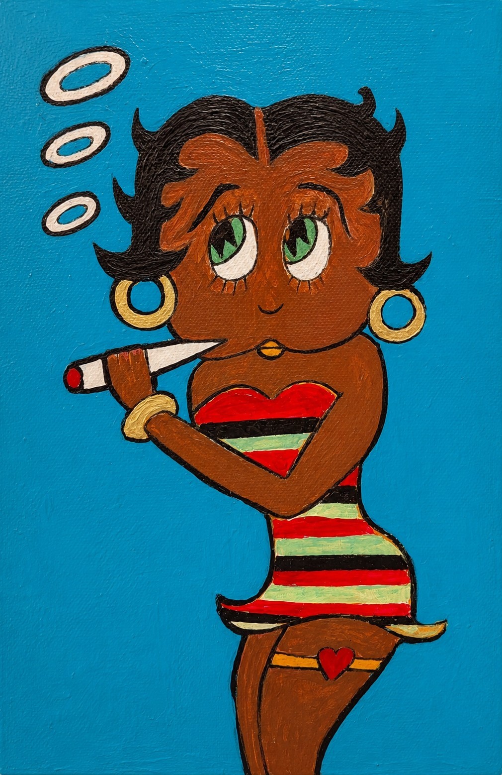 Cartoon Pop Art Women Figures Painting on Blue Background – Girl Smoking Cigar