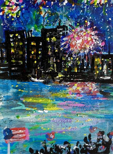 ACEO Original Painting FIREWORKS Summer CITY Building Ocean 4th July USA ATC ART