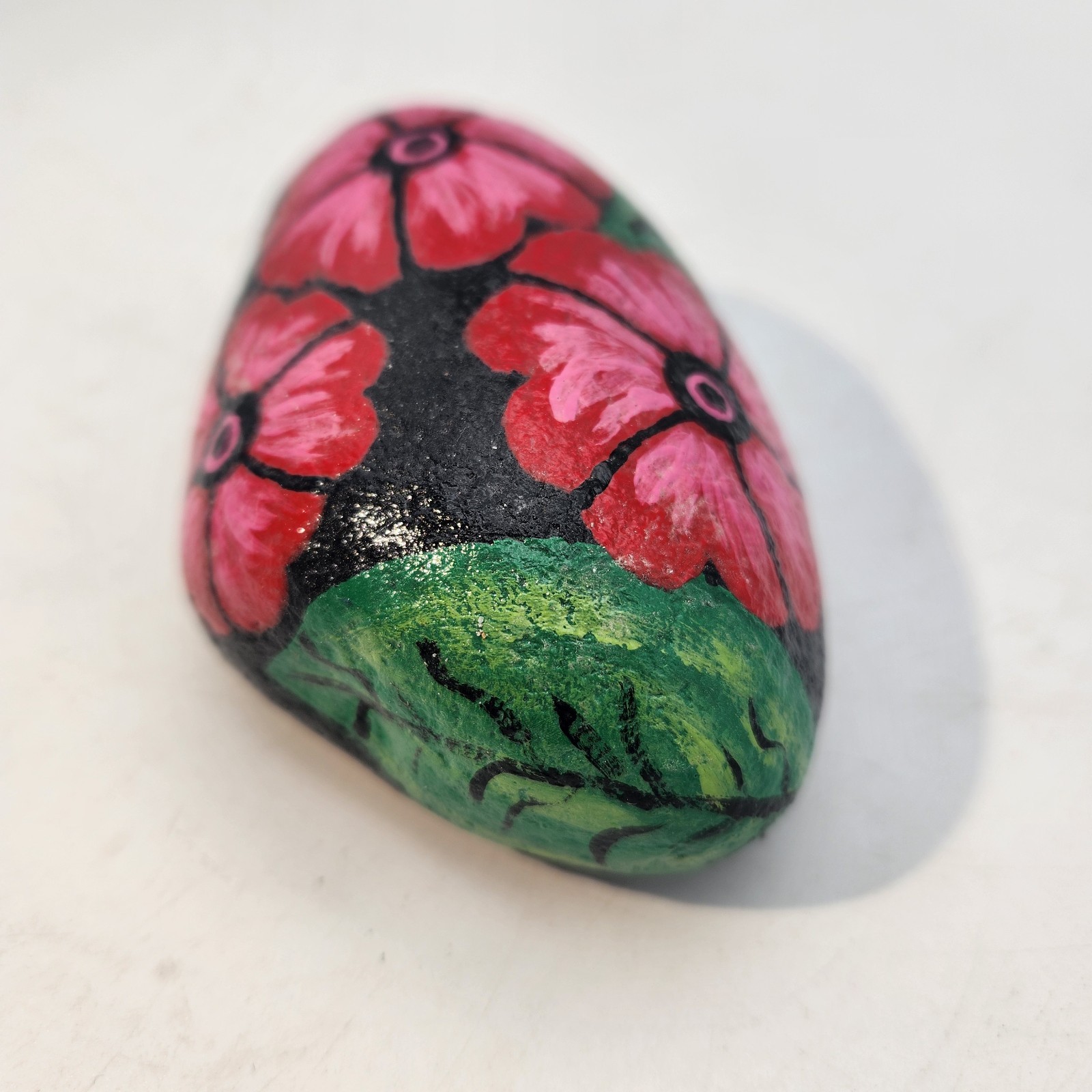 Handpainted River Rock Art Impatiens Flowers 4″ x 2.25″ Natural Unique OOAK