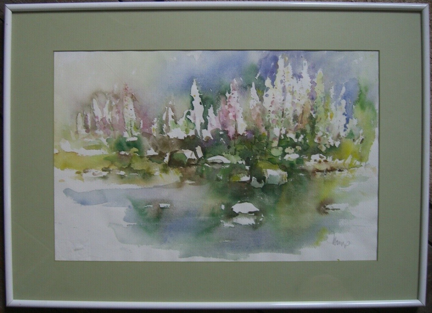 Painting Water’s Edge Blooming Flowers around 1990 Gallery Modern Frame