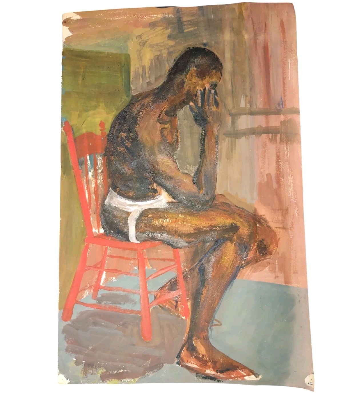 Amateur Artist African American Black Man Jock Strap Red Chair Impressionist
