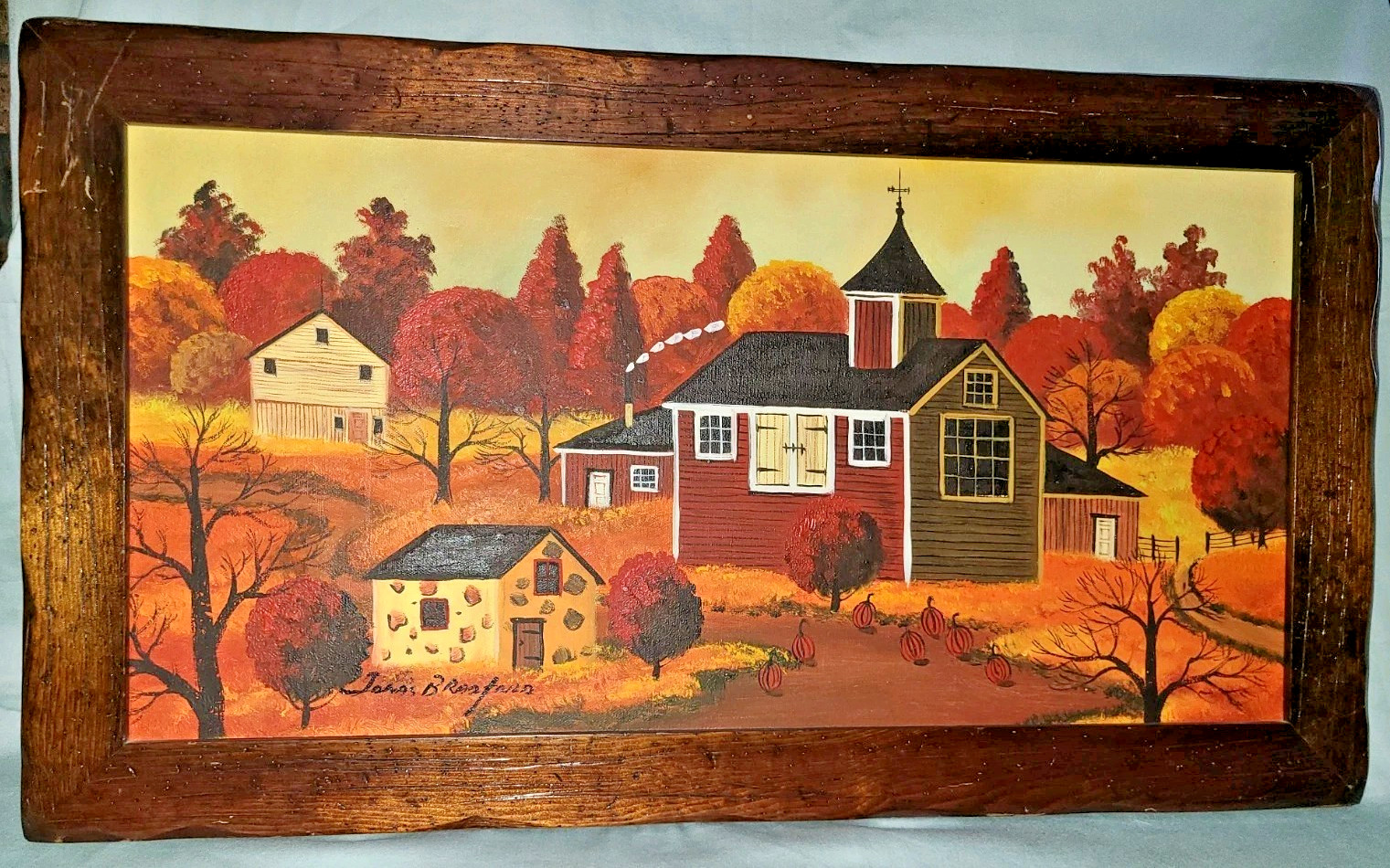Jonas Bradford original Amish folk art framed oil painting 1974, Autumn red barn