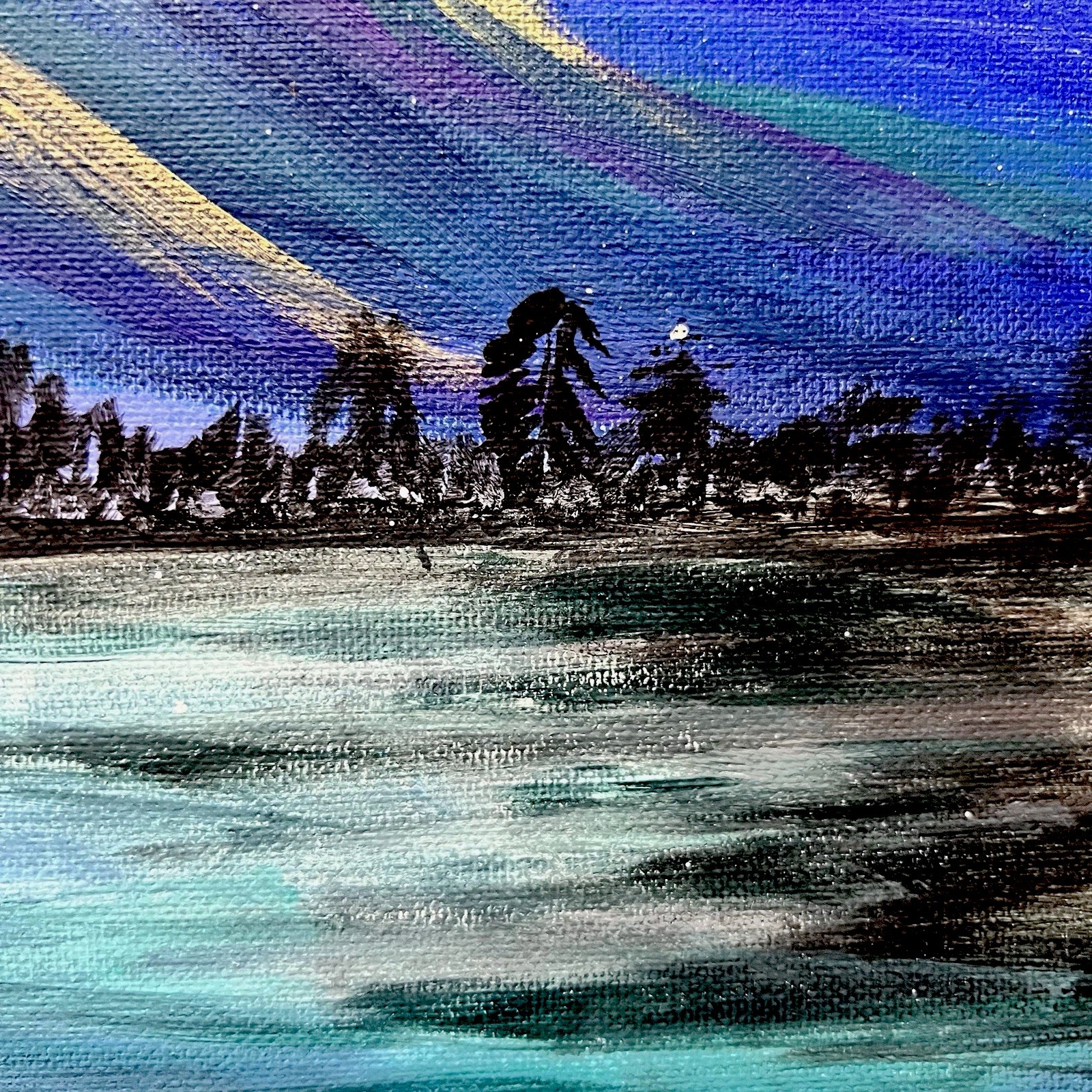 Original Northern Lights Acrylic Painting Framed Aurora Borealis Landscape