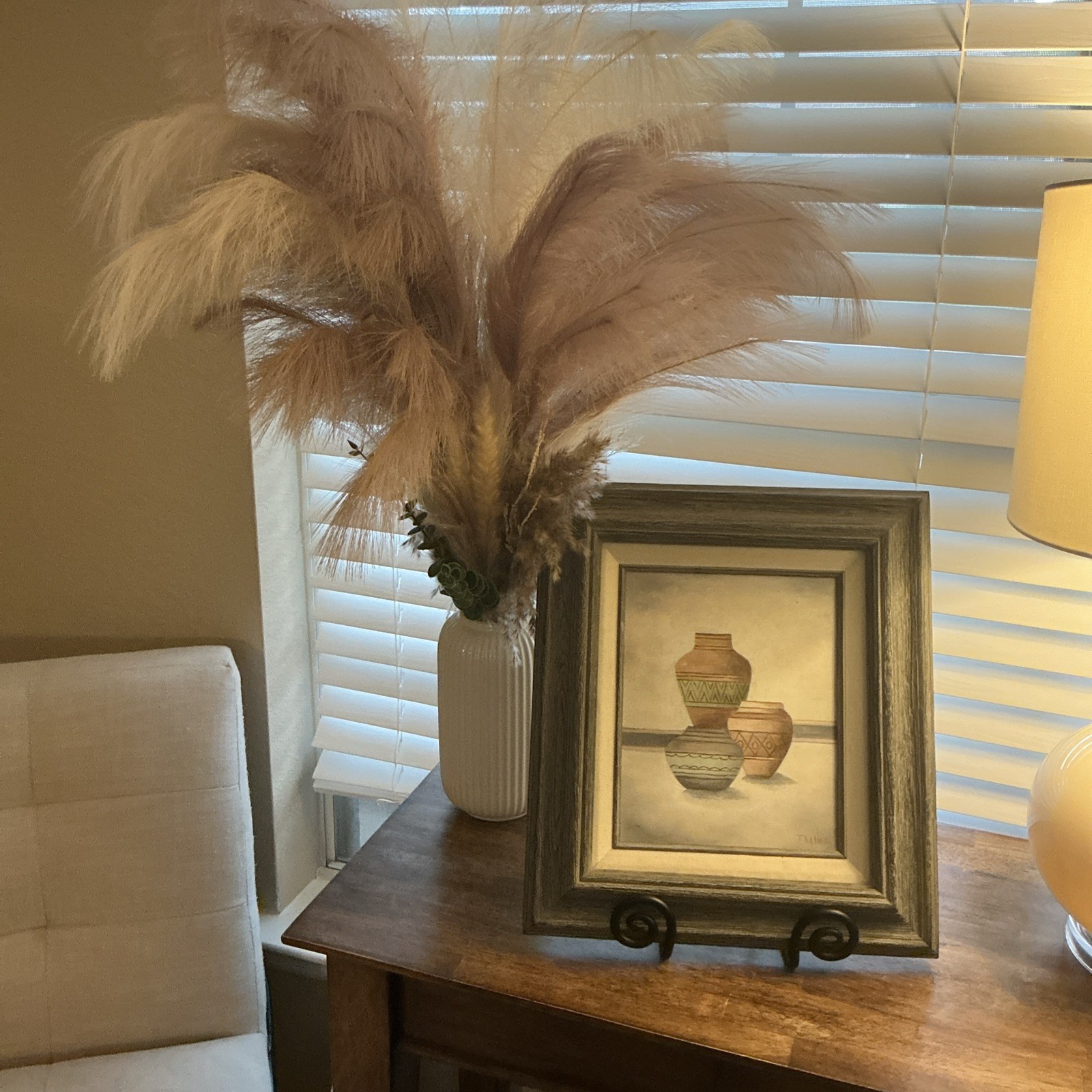 Vintage Style Pottery Still Life Painting Signed Thelma Framed Neutral Art